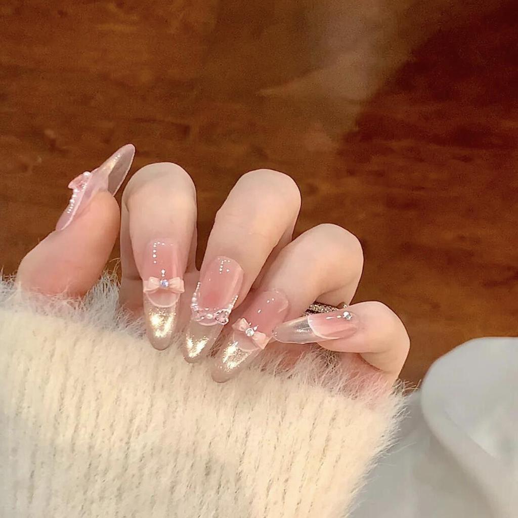 Blush French Cat Eye Princess Bow Nails - Handmade Wearable Nail Art