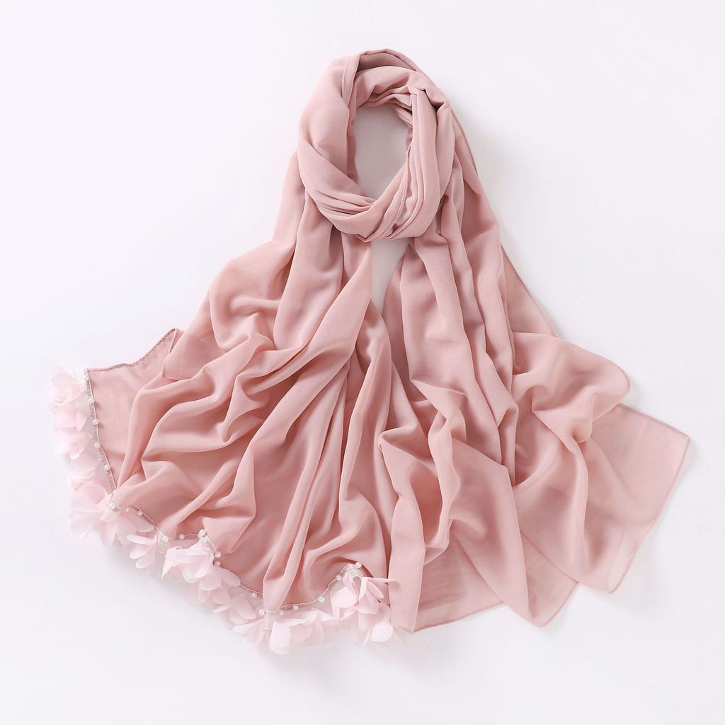 Fashion Bubble Pearl Chiffon Scarf Flower Beads Hijab Muslim Women Headscarf Turban Shawl Wrap Islam Veil Stoles Scarves Bufanda