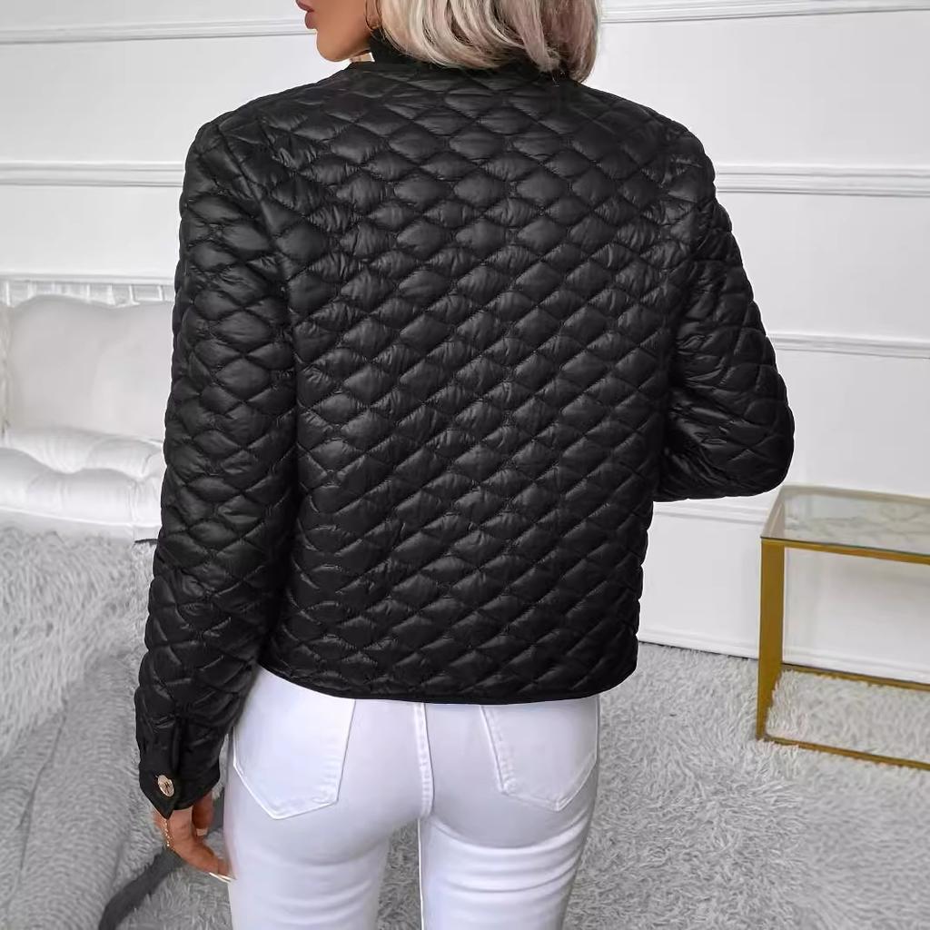 Autumn Winter Women's Black Diamond Quilted Jacket, Cropped Cotton Coat with Thermal Insulation, Short Padded Blazer for Elegant Style