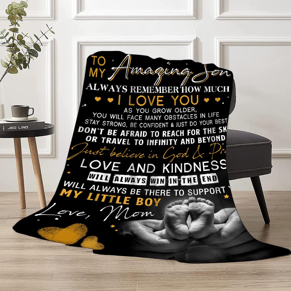 1pc Vintage Inspirational Letter to Son Flannel Blanket - Black & Golden Heartfelt Mom's Gift, All-Season Soft Bedding