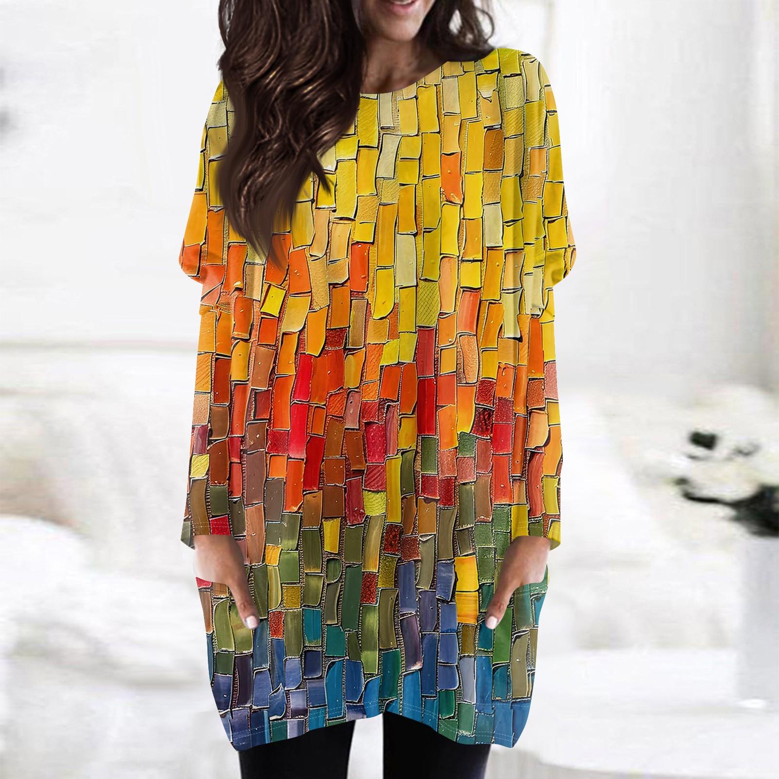 

Жіноча модна повсякденна футболка з принтом і круглим вирізом із подвійними кишенями з довгими рукавами S жовтий