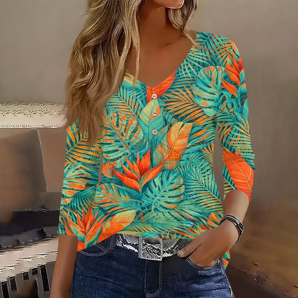 Damen 3/4 Ärmel V-Ausschnitt Knopfdetails Blumenmuster Tunika Oberteil Lässig Lockerer Schnitt Leichte Bluse