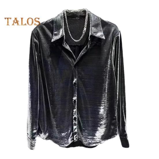 Men Shirt Turn-down Collar Loose Glossy Surface Single-breasted Loose Long Sleeve Top Club Party Casual Formal Wear Shirt