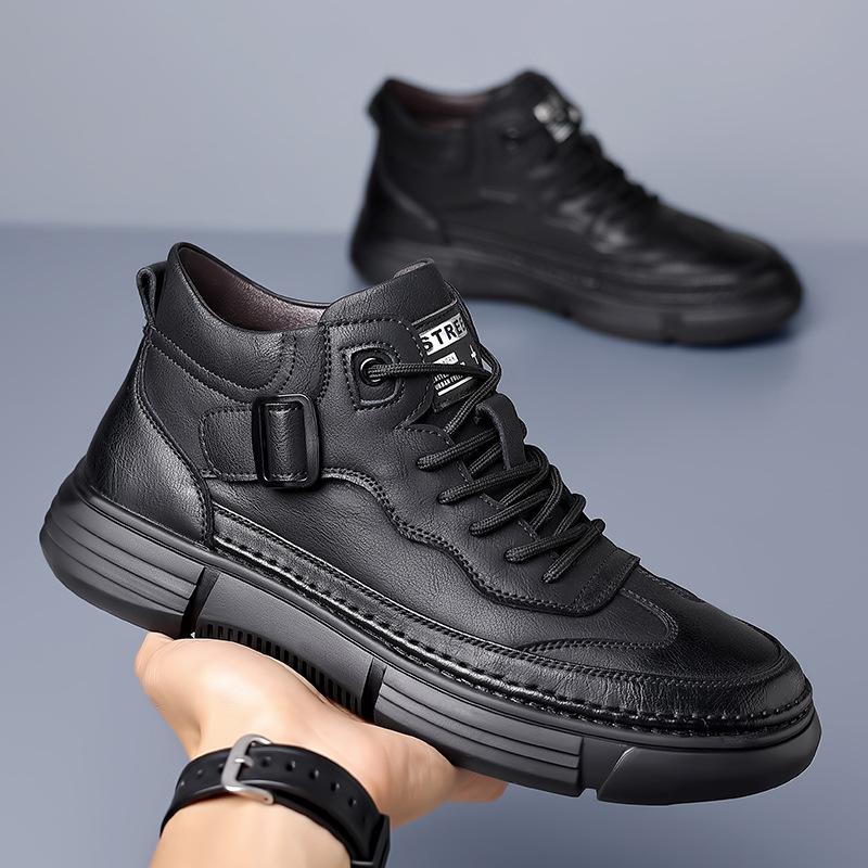 Men's 2024 Winter Leather High-Top Sneakers with Soft Sole and Plush Lining