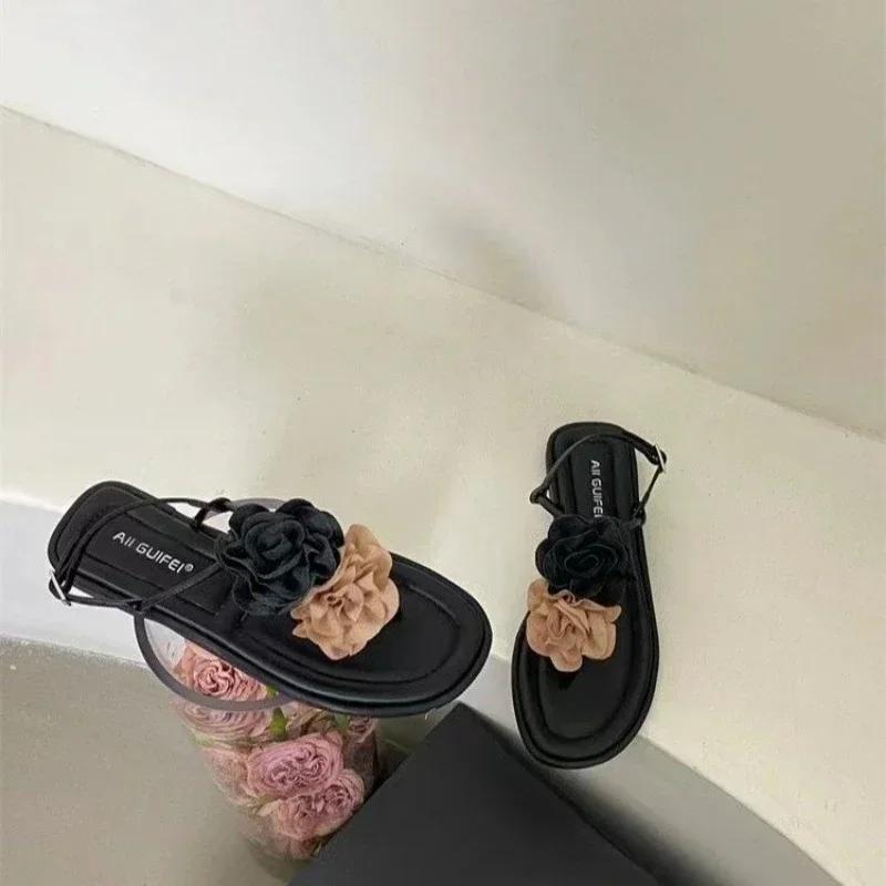 

2024 Flowers Slippers 35-40 Outside Women Sandals Female PVC Flip Flops Soft Sole Open Toe Casual Beach Versatile Roman Shoes 35 чорний