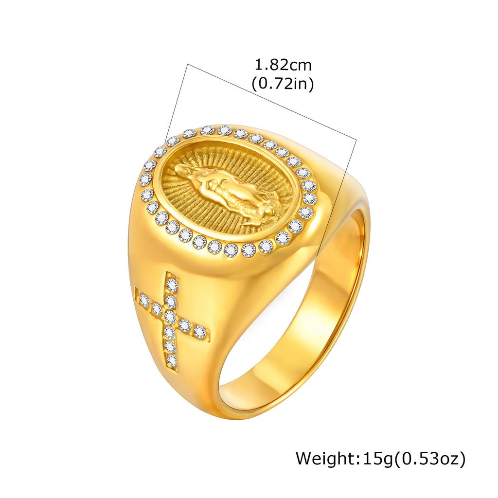 Virgin Mary Stamp Ring for Men,Gold Color Stainless Steel Cross Zircon Ring,Chunky Thumb Ring Gift