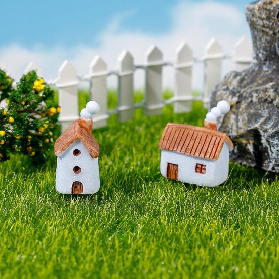 Miniature Resin Houses for Fairy Garden 2Pcs Mini Chimneyed Cottage Figurines, Rural House Building Ornaments DIY Micro Landscape Accessories