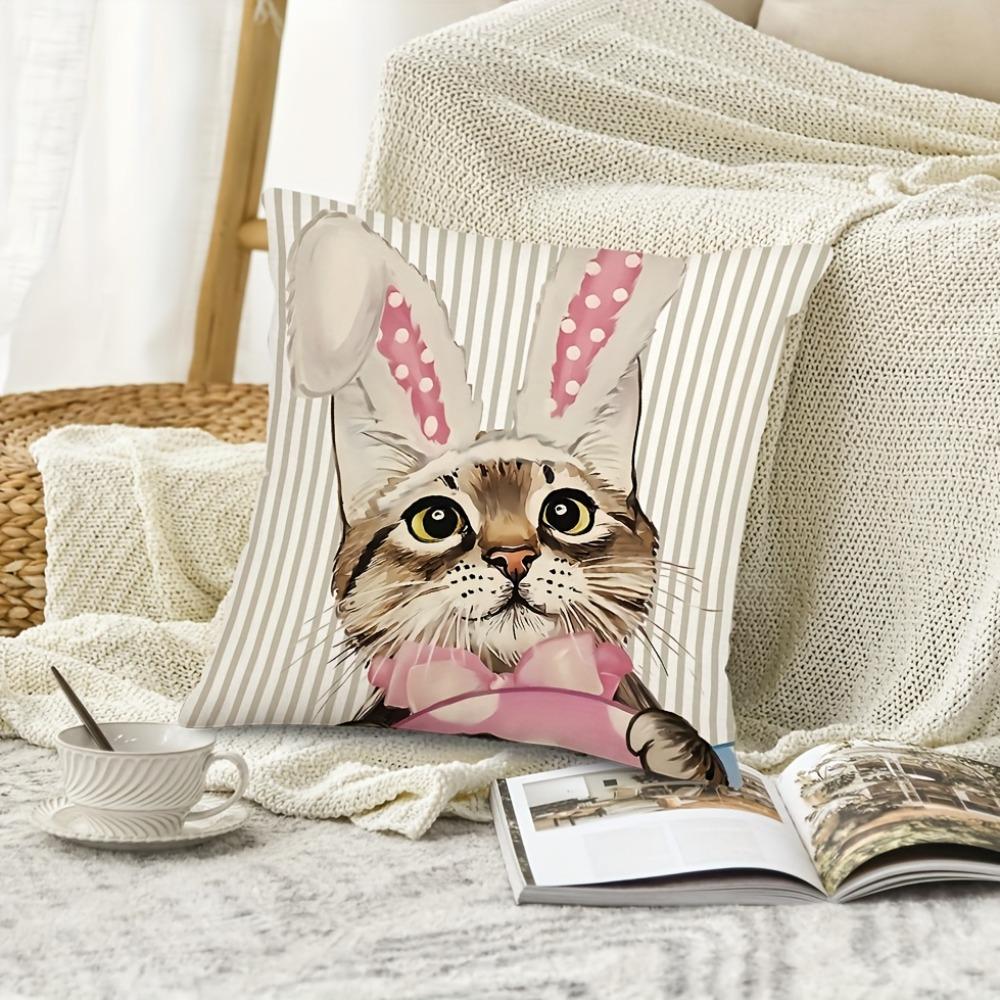 Cute Easter Bunny Cat Pillow Cover Soft Modern Striped Polka Dot Design, Zipper Closure for Bedroom Decoration 18x18 Inches