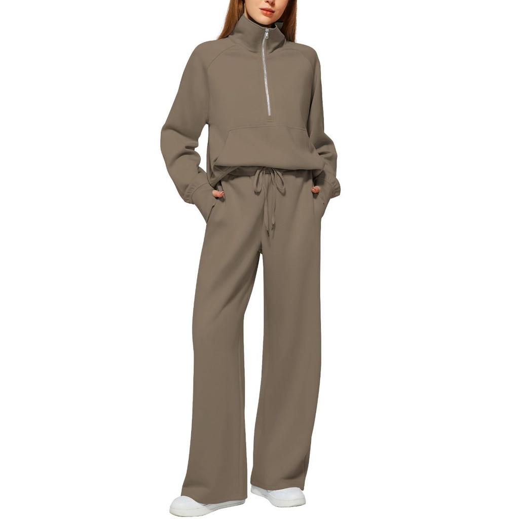 2025Women Coat Pants Set Stand Collar Long Sleeve Zip-up Elastic Cuff Jacket Drawstring Stretchy High Waist Wide Leg Trousers Sport Tracksuit