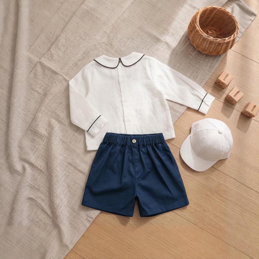 Boys' Long Sleeve Lapel Shirt & Shorts Embroidery Set - Summer Outdoor Wear