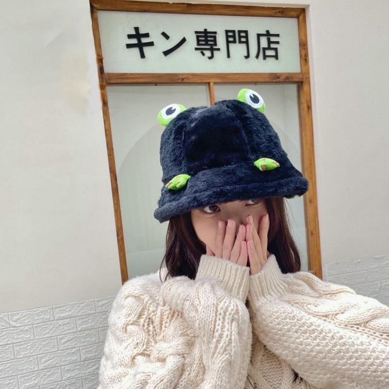 Women's Fashion Autumn and Winter Thicken Warm Rabbit Fur Hat Student Girl's Cute Korean Style Cartoon Frog Bucket Hat