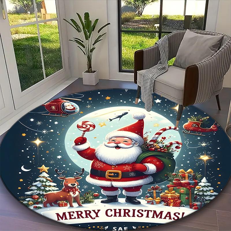1pc Santa Claus and reindeer Rug, Comfortable Printed Home Round Carpet, Cozy Office Chair Rug