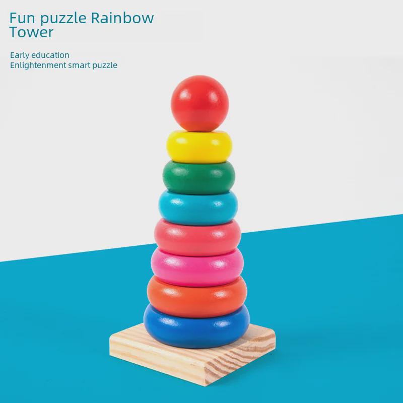 Drewniana tęczowa wieża do układania: Zabawka edukacyjna do wczesnej nauki dzieci i aktywności rodzic-dziecko