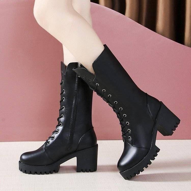 Winter Women's Boots  Thick Heel Lace-up Boots Fashion Platform Women Shoes Zipper Round Head Women's Boots for Autumn