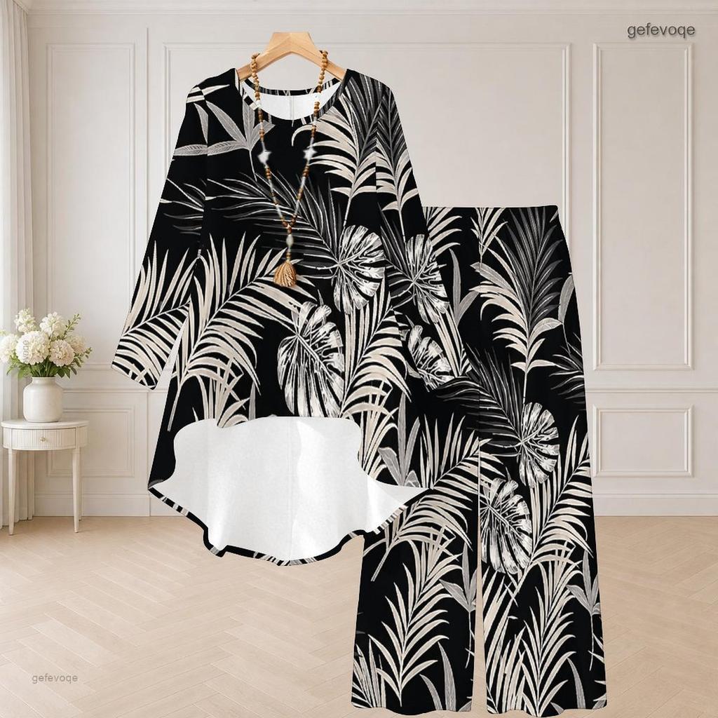 Damen Große Größen Grünes Rundhals Langarm Kleeblatt-Print High-Low-Oberteil Weite Hosen Zweiteiliges Set
