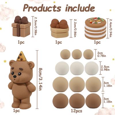 16Pcs Cute Brown Bear Cake Balls Toppers Kit Kids Boy Girl 1st Birthday Party Decoration Favors Supplies Baby Shower Cake Decor
