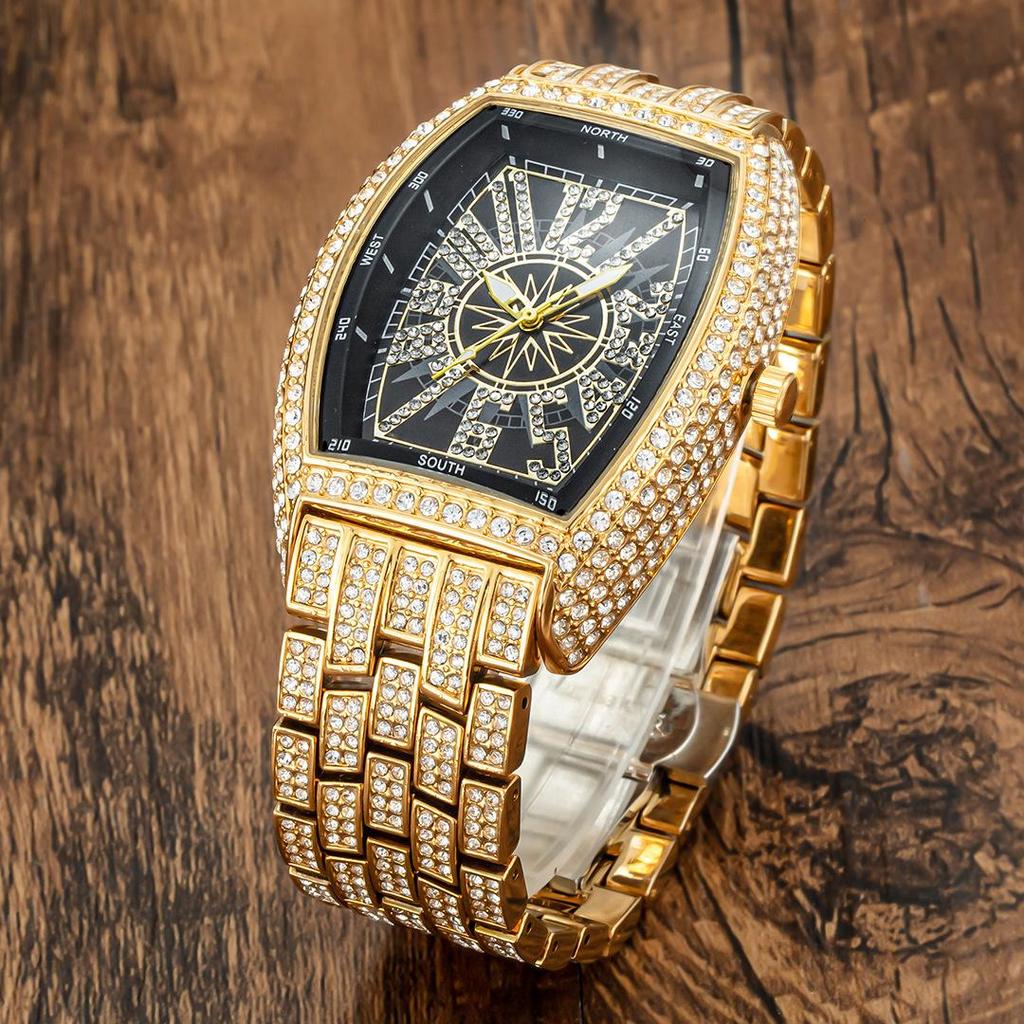 Luxury Mens Watches Fashion Hip Hop Iced Diamond Waterproof Tonneau AAA Quartz Wristwatch Male