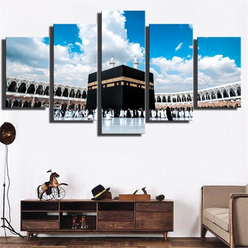 5 Pieces Poster Printed Modular Picture Canvas Painting Islamic Religious Hajj Round Wall Art For Musilm Living Room Home Decor