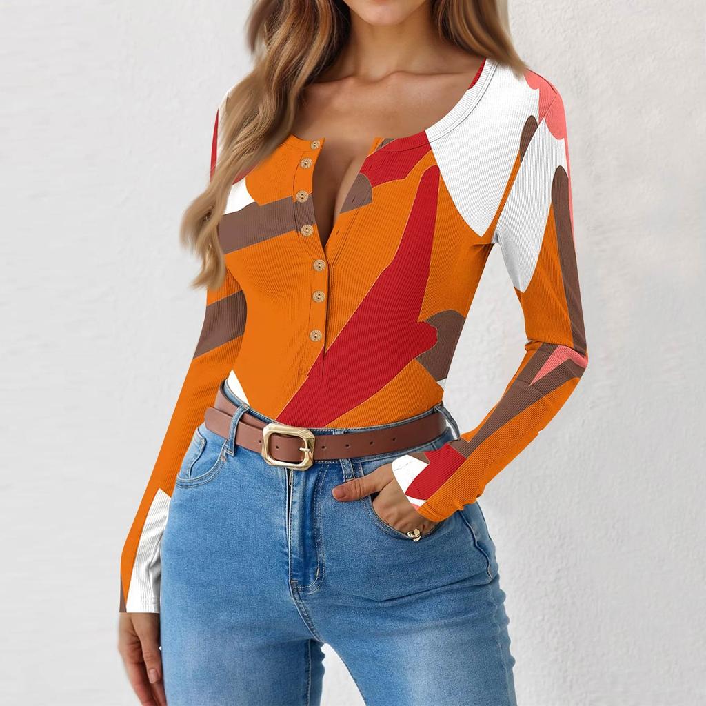 Camiseta de Fondo Delgado para Mujer Moda Casual Estampado Degradado Cuello Redondo Jersey Manga Larga Top