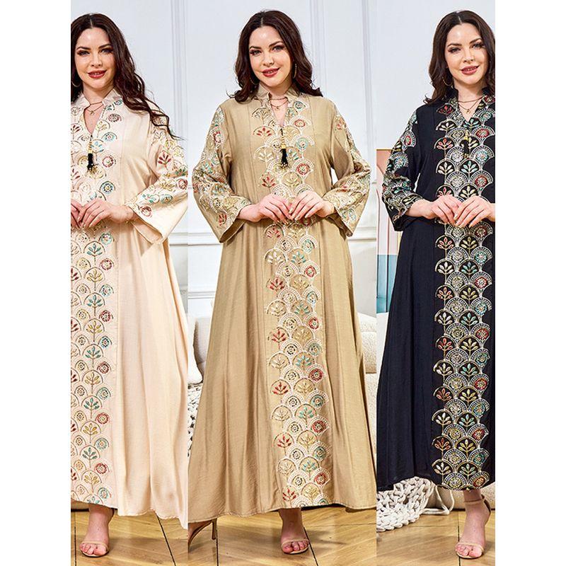 Magic Queen Indonesia Dubai Fan-Shaped Sequin Embroidered Ninth Sleeve Women's Robe V Neck Tassel Dress Dress