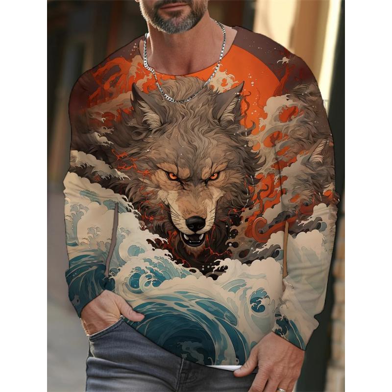 Fashion Men's Crew Neck Long Sleeve 3D Color Printing Summer Casual Long Sleeve Crew Neck T-Shirt