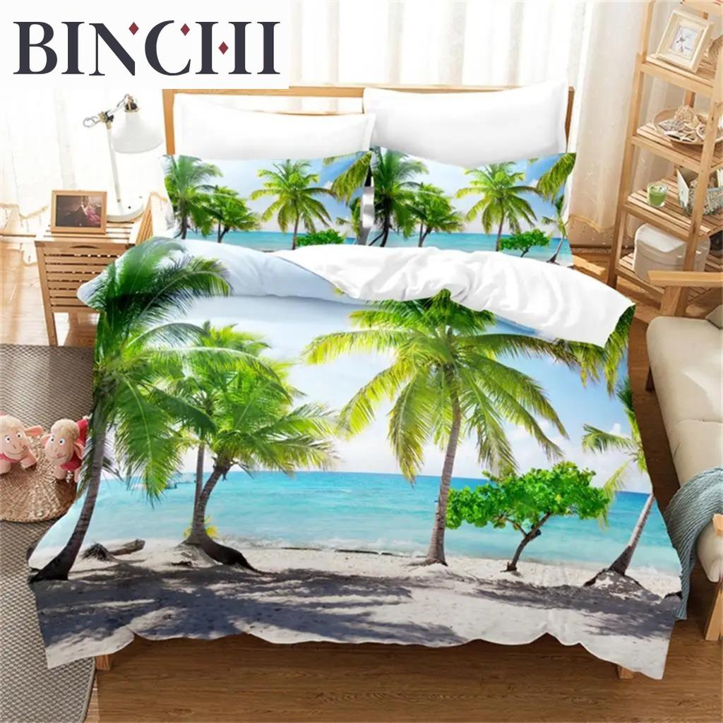Beach Coconut 3D Tree Duvet Cover Ocean Beach Plants Bedding Collection Comforter Cover Collection For Boy Girls Bedroom Decor Bedding Collections