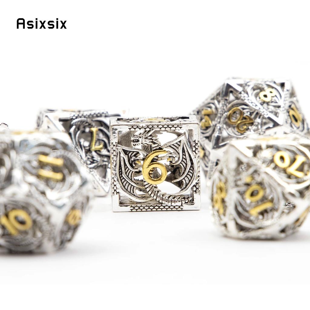 7 sztuk srebrnych złotych metalowych kostek smoka, pustych metalowych wielościennych kości, zestaw odpowiedni do gier RPG, gier karcianych, gier planszowych