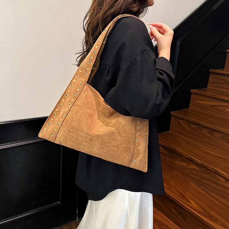 Yogodlns Retro Suede Rivet Shoulder Bags PU Leather Work Purses Large Tote Handbag Slouchy Locomotive for Women Travel Winter Fall