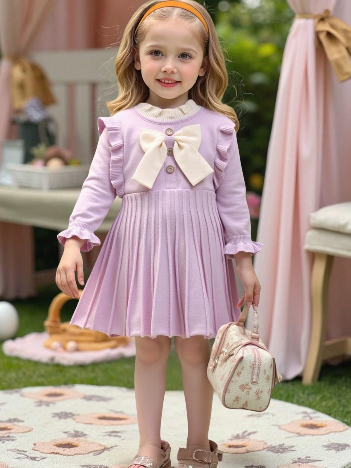 

Платье-свитер с бантом для девочек, зимнее, средней длины, модное 100