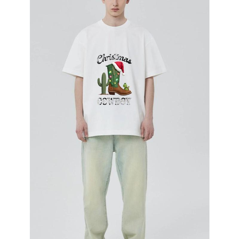 Christmas Cowboy T Shirt Black Cactus and Cowboy Boot with Santa Hat and Lights Print for Holiday Party Wear
