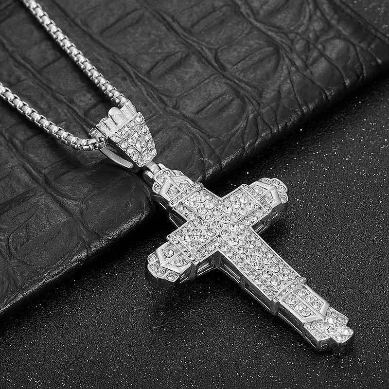 1pc Hip Hop Big Cross Gold Color with Rhinestone Pendant for Men Charm Chain Necklace Father's Day Fashion Gift Jewelry