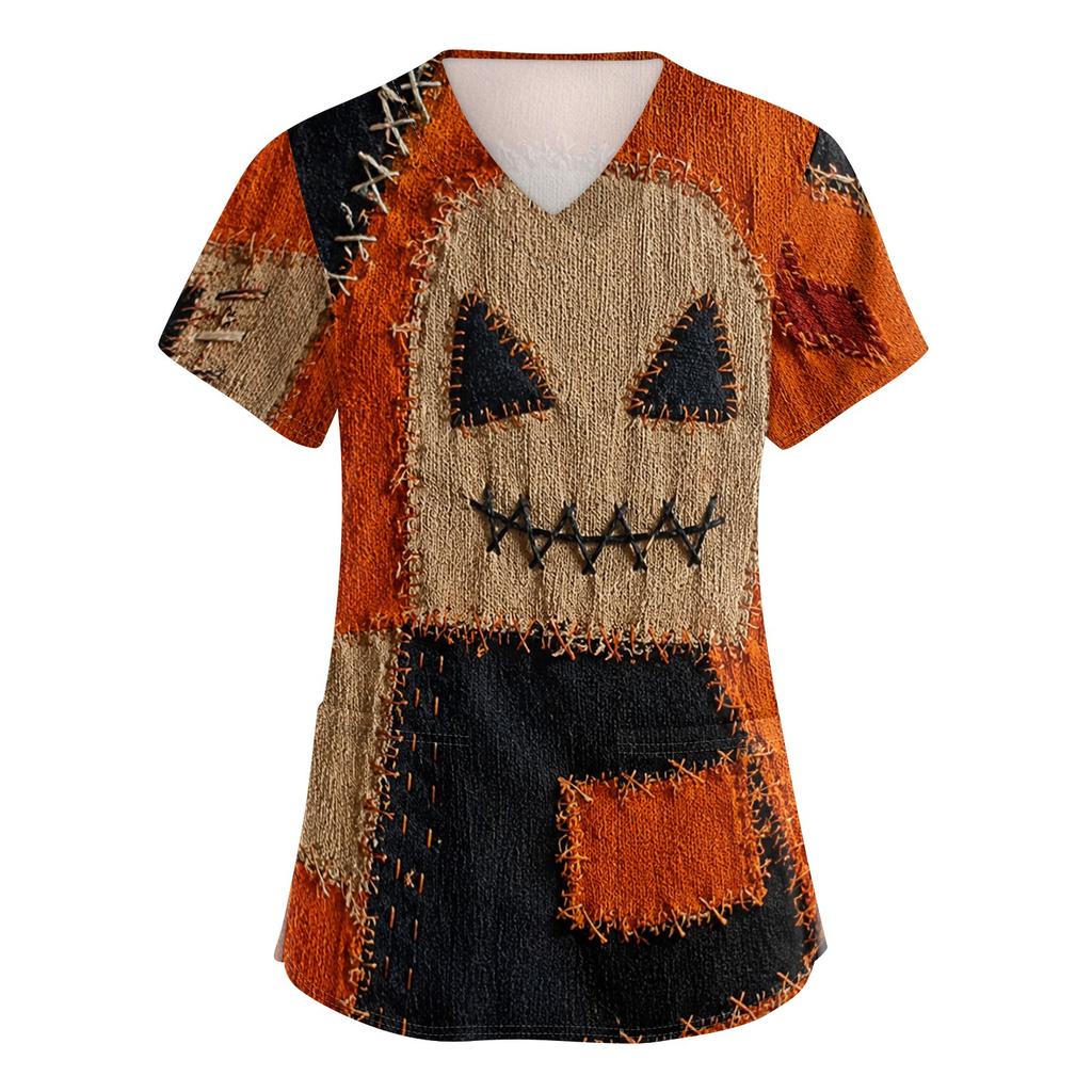 Women V Neck Halloween Print Short Sleeve Medical Scrub Top with Pocket Side Slit Workwear Uniform Shirt for Healthcare Professionals