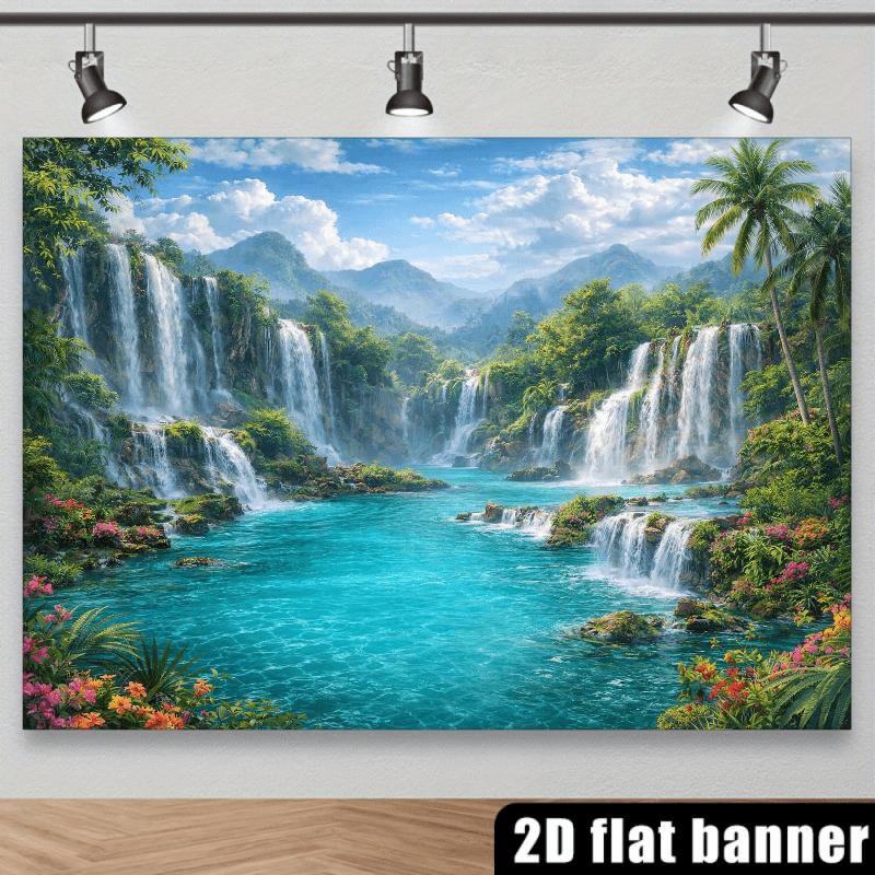 2D Plane Tropical Waterfall Landscape Background Fabric Cascading Waterfall Clear and Blue Water Pool Polyester Fiber