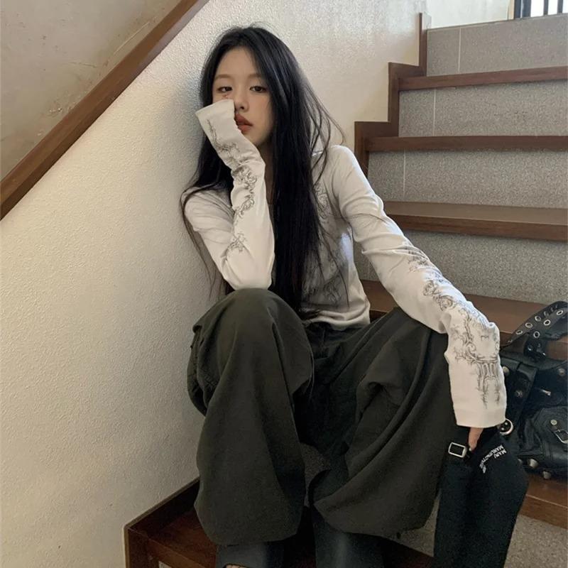 Slim Long Sleeve Blouse Ladies Temperament Spring and Autumn O Collar Printed Thin Blouse Grey