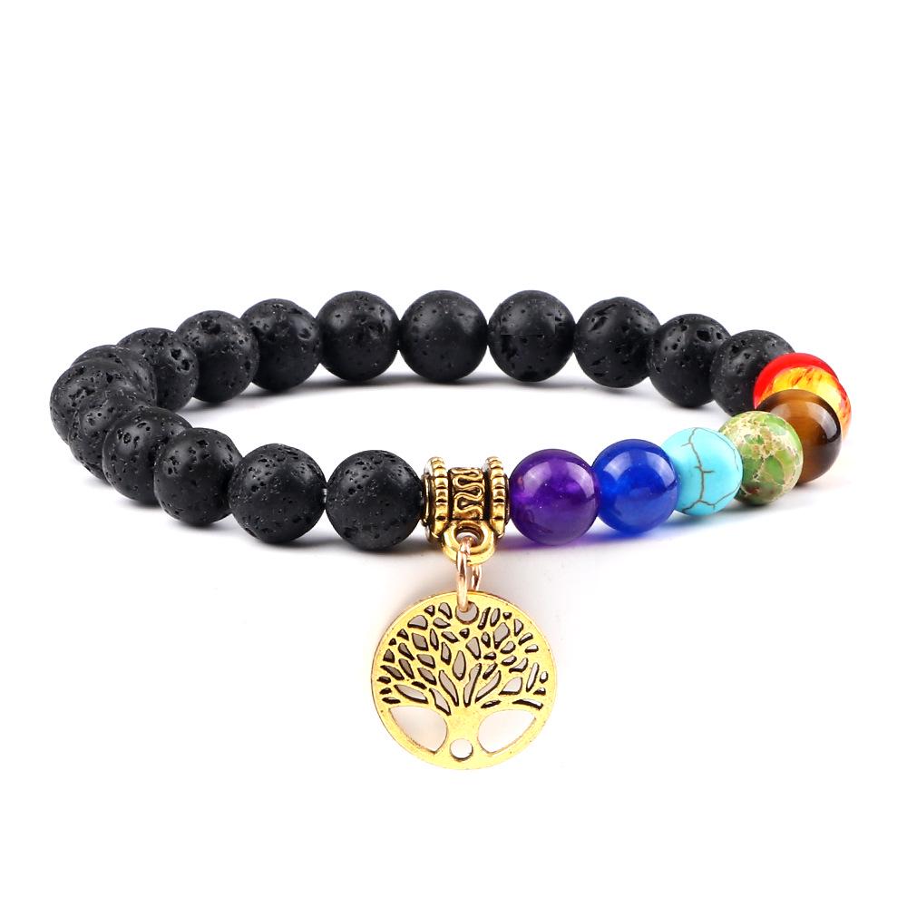 European & American Cross-Border E-commerce Creative 8mm Bead Bracelet with Volcanic Lava & Wooden Beads featuring an Alloy Tree of Life Pendant.