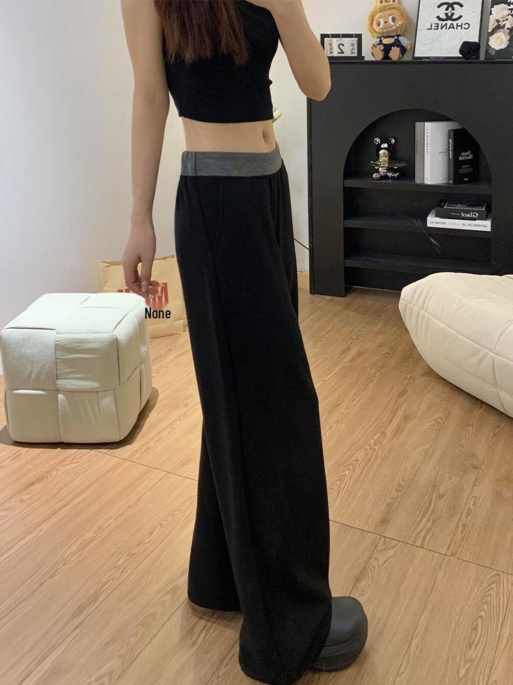 Women's Plus Size Fleece-Lined Black Patchwork Casual Wide-Leg Sweatpants for Autumn/Winter