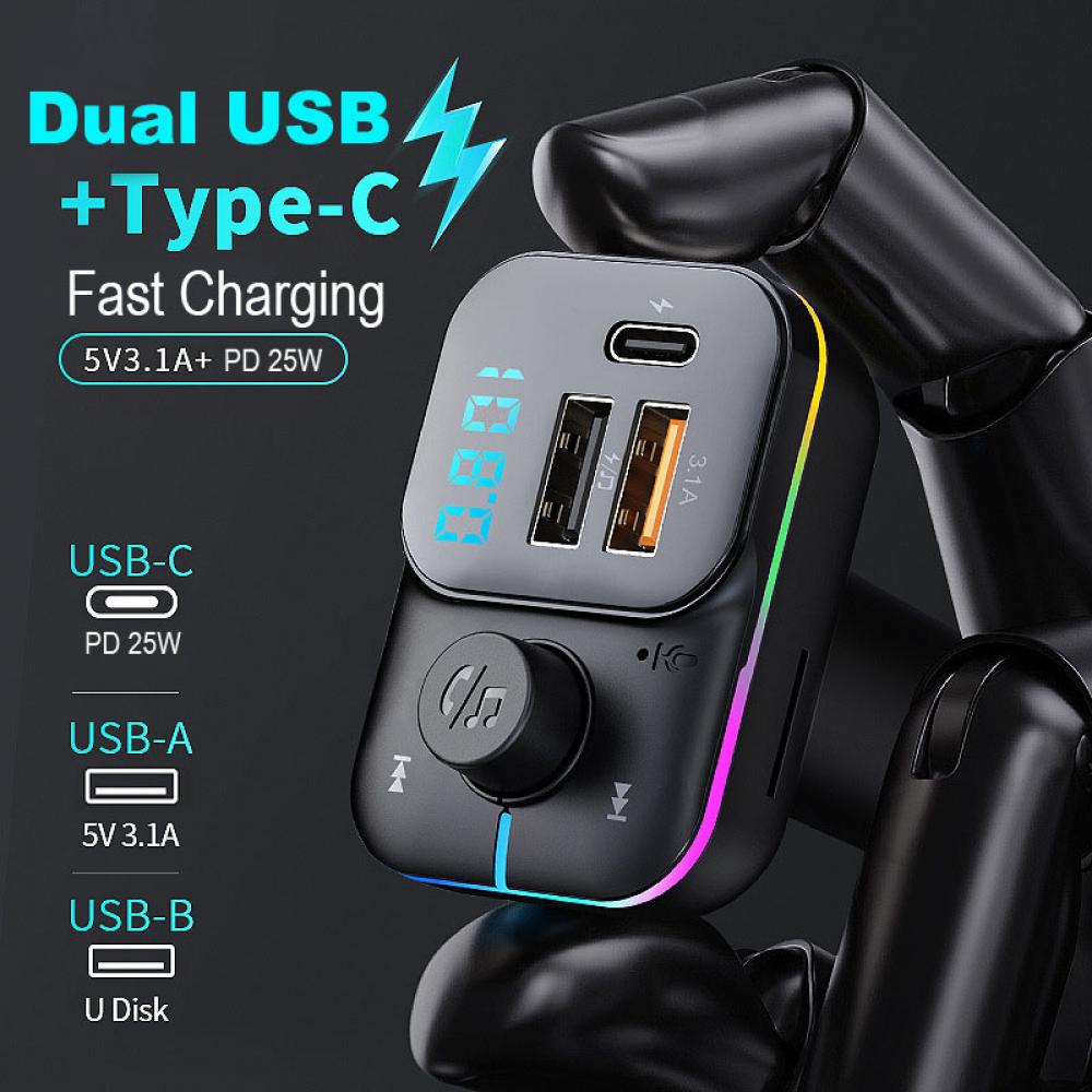 Car Fast Charge Bluetooth 5.0 FM Transmitter Dual USB Type C Player Music Handsfree with Color Aperture For IPhone Huawei Xiaomi