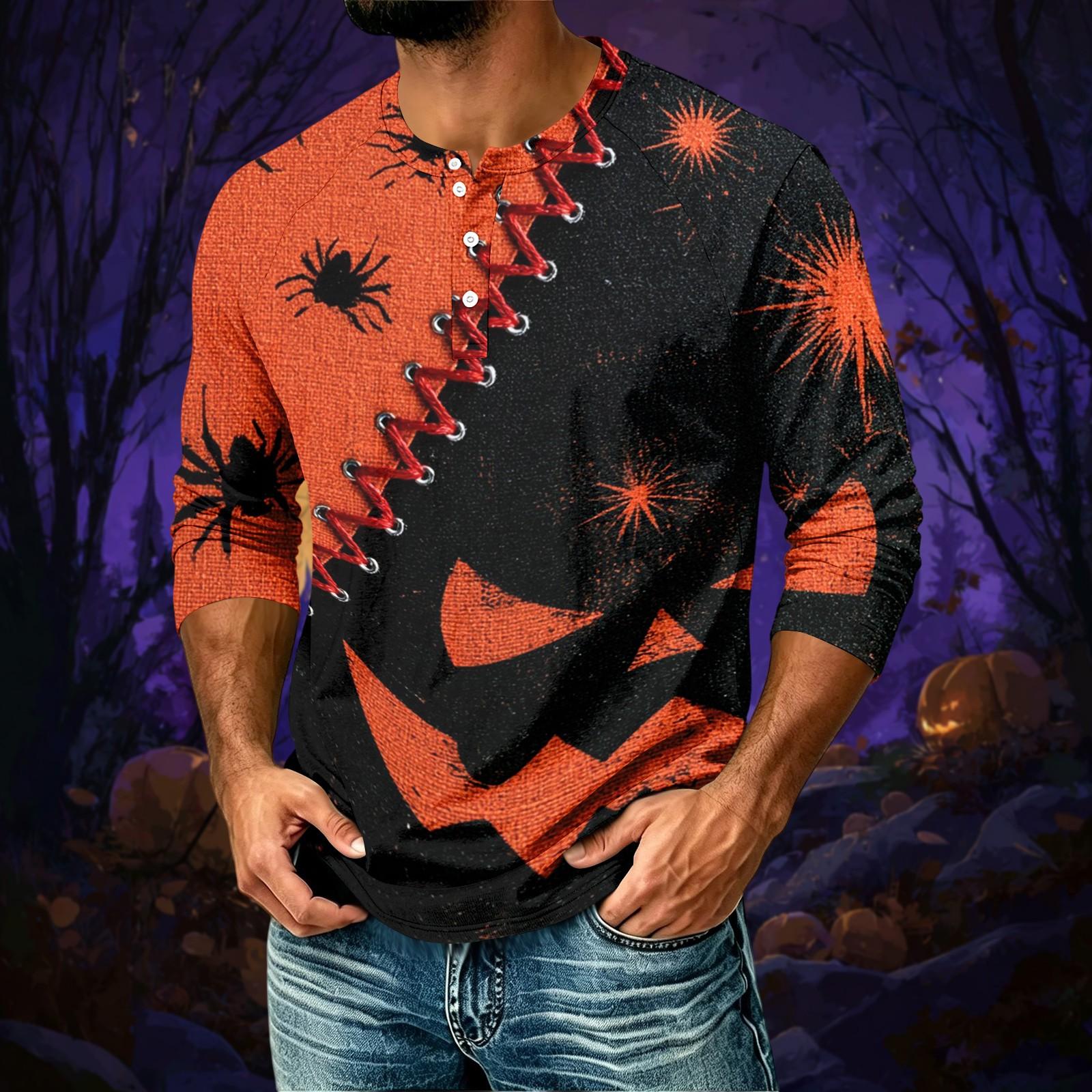 Men s Casual Halloween Print Raglan Three-Quarter Sleeve Shirt L