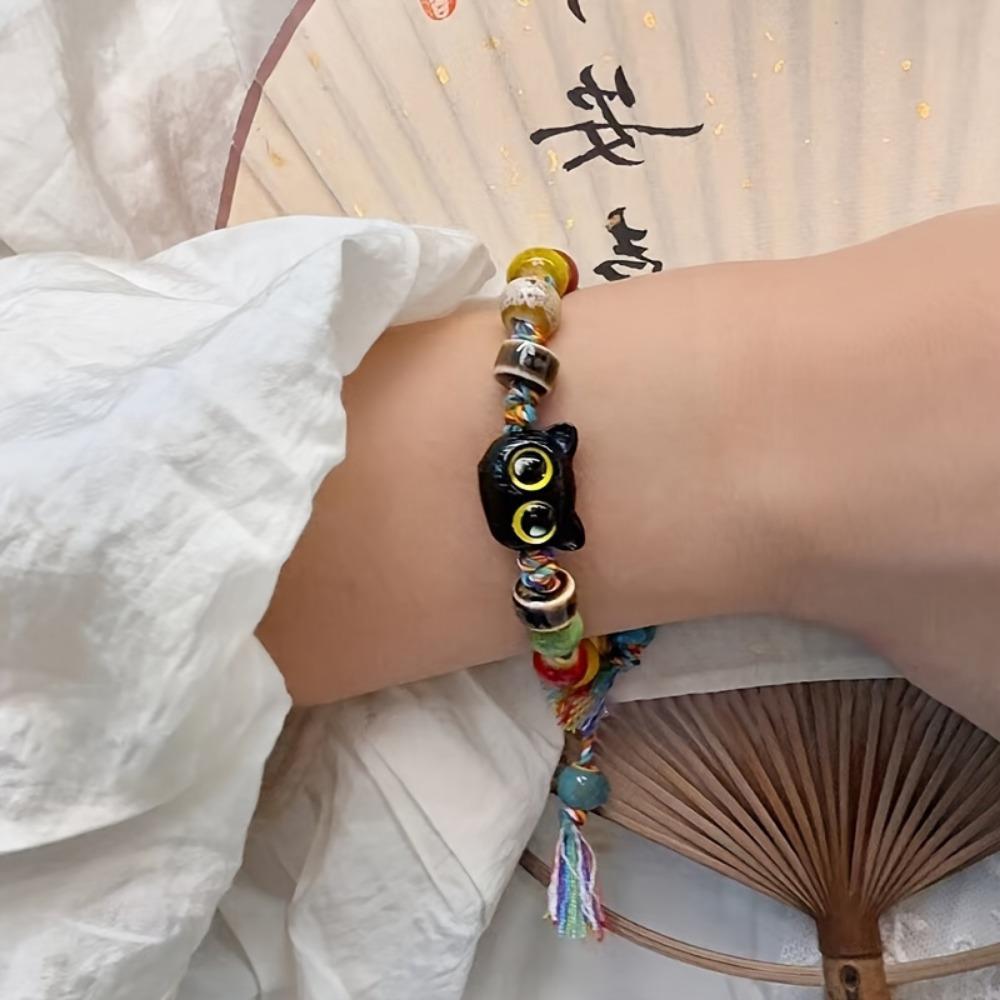 1 cute big eyed black cat pendant bead bracelet with colorful beads, a holiday gift for ladies