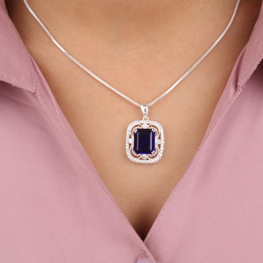 Blue Sapphire Gemstone 925 Sterling Silver Jewelry Zircon Pendant Gift For Wife CZP-11-7
