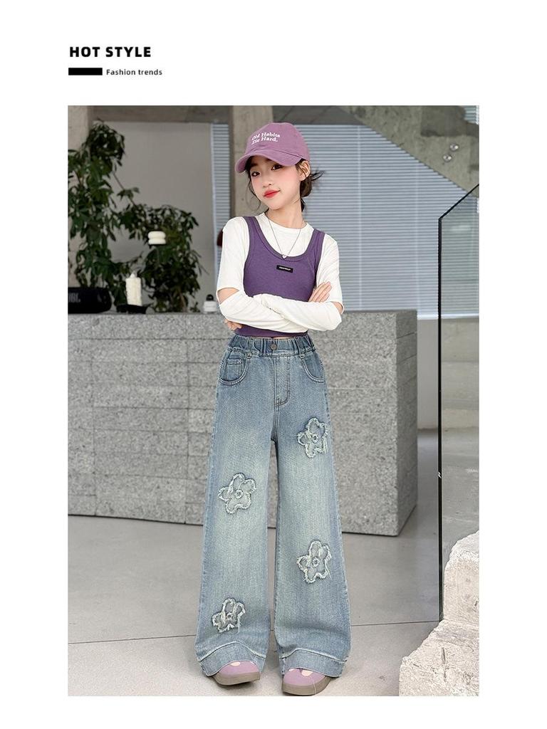 Girls' Embroidered Wide-Leg Denim Pants - Spring & Fall 2026 Junior High Style