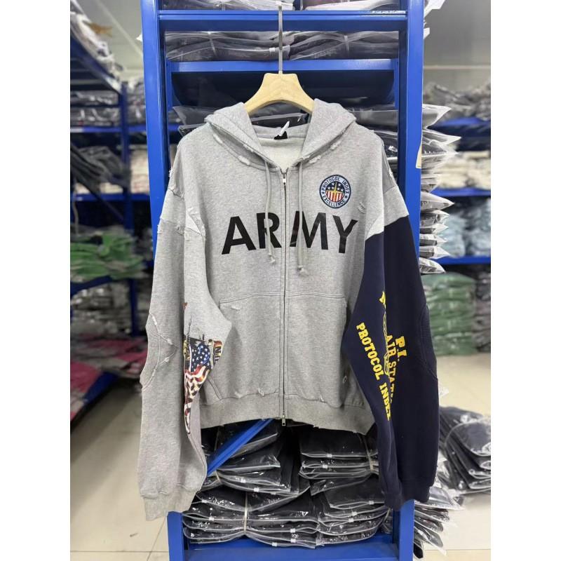 Unisex Distressed Patchwork Hooded Sweatshirt With Embroidered Zipper Front Casual Streetwear