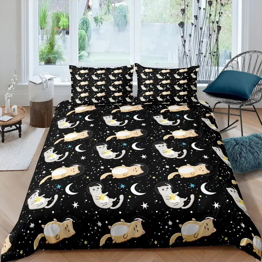 Galaxy Cat Duvet Cover Universe Galaxy for Kids Boy Girl Cute Kitten Printed Outer Space Planets Quilt Cover Bedroom Decorations