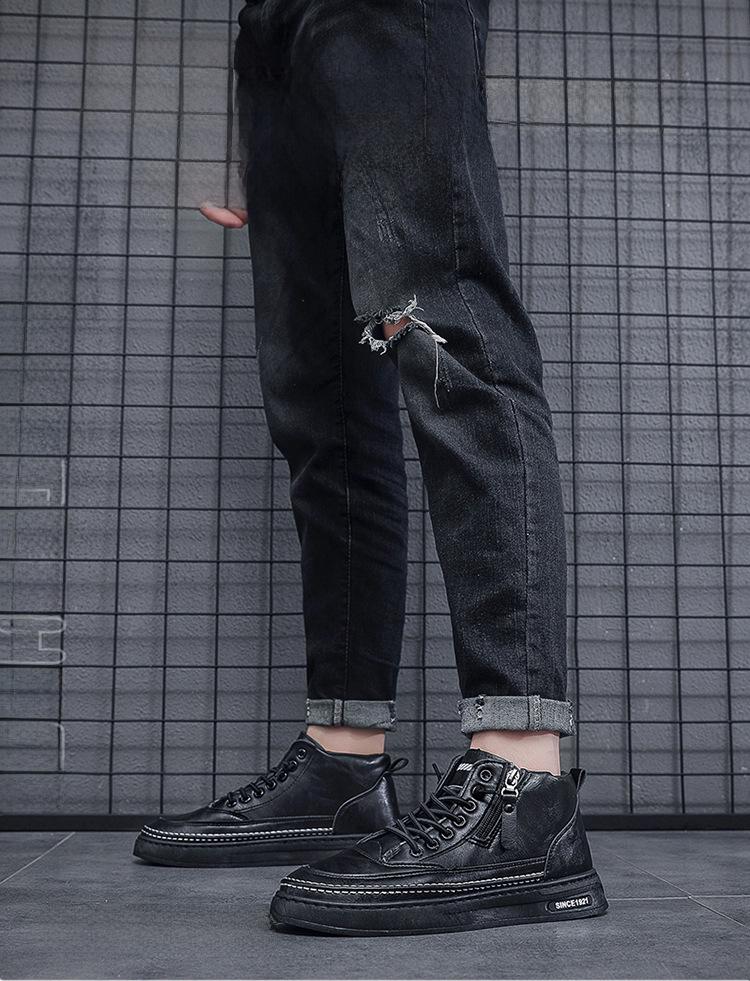 Men's High Top Casual Black Martin Boots for Spring and Autumn - Trendy All-Match Sports and Work Shoes.