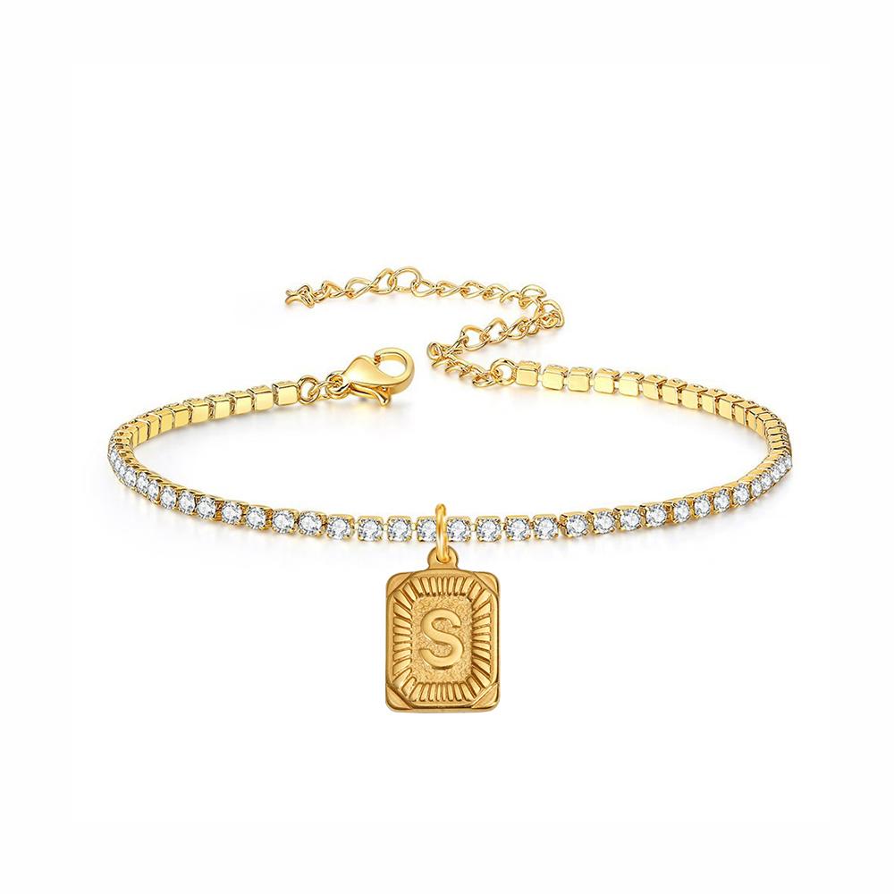 

Punk Initial Letter Name Square Charm Bracelet Gold Color Stainless Steel Iced Out Tennis Chain Link Bracelet for Women Jewelry Gold Color&17cm and 5cm