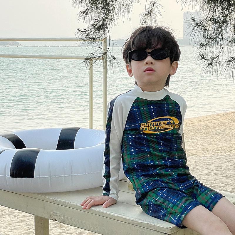 Children's Long Sleeve Plaid Patchwork One-Piece Swimsuit - Quick-Drying Swimwear for Beach & Holiday
