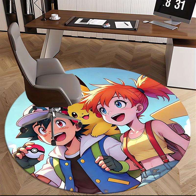 1 Stück Pokémon Pikachu & Trainer Runder Teppich - Anime Design Stuhlmatte, Bürogeschenk, Saisonale Dekoration, Geeignet für Zuhause, Wohnzimmer