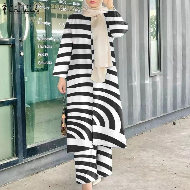 

ZANZEA Ретро наряды, женская блузка и брюки, повседневный костюм в полоску из двух предметов