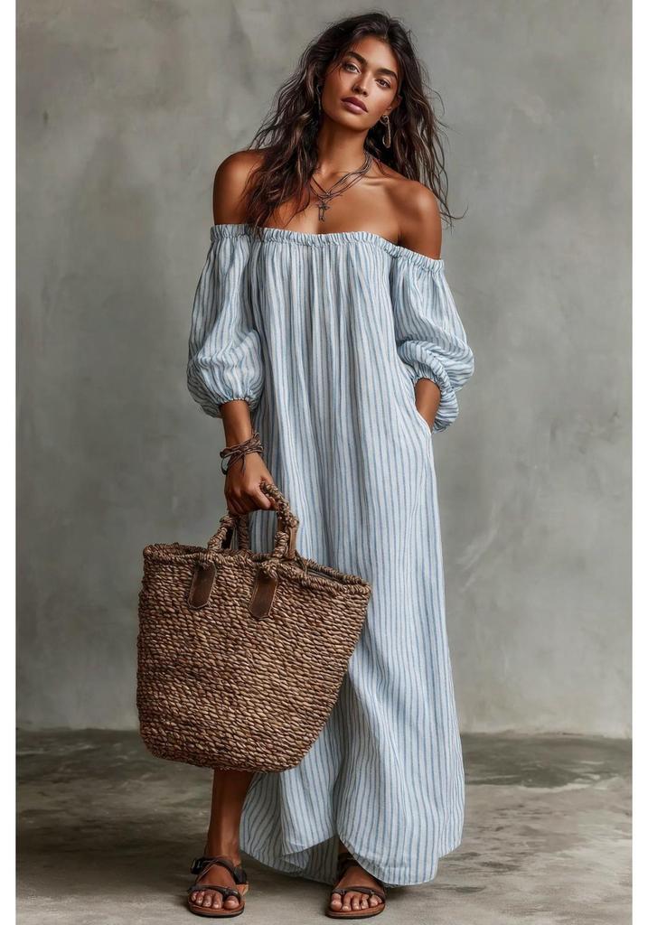 Disponibile 2026: Nuovo Vestito Donna a Righe Off-the-Shoulder Stile Europeo & Americano per Vacanze Primaverili & Estive