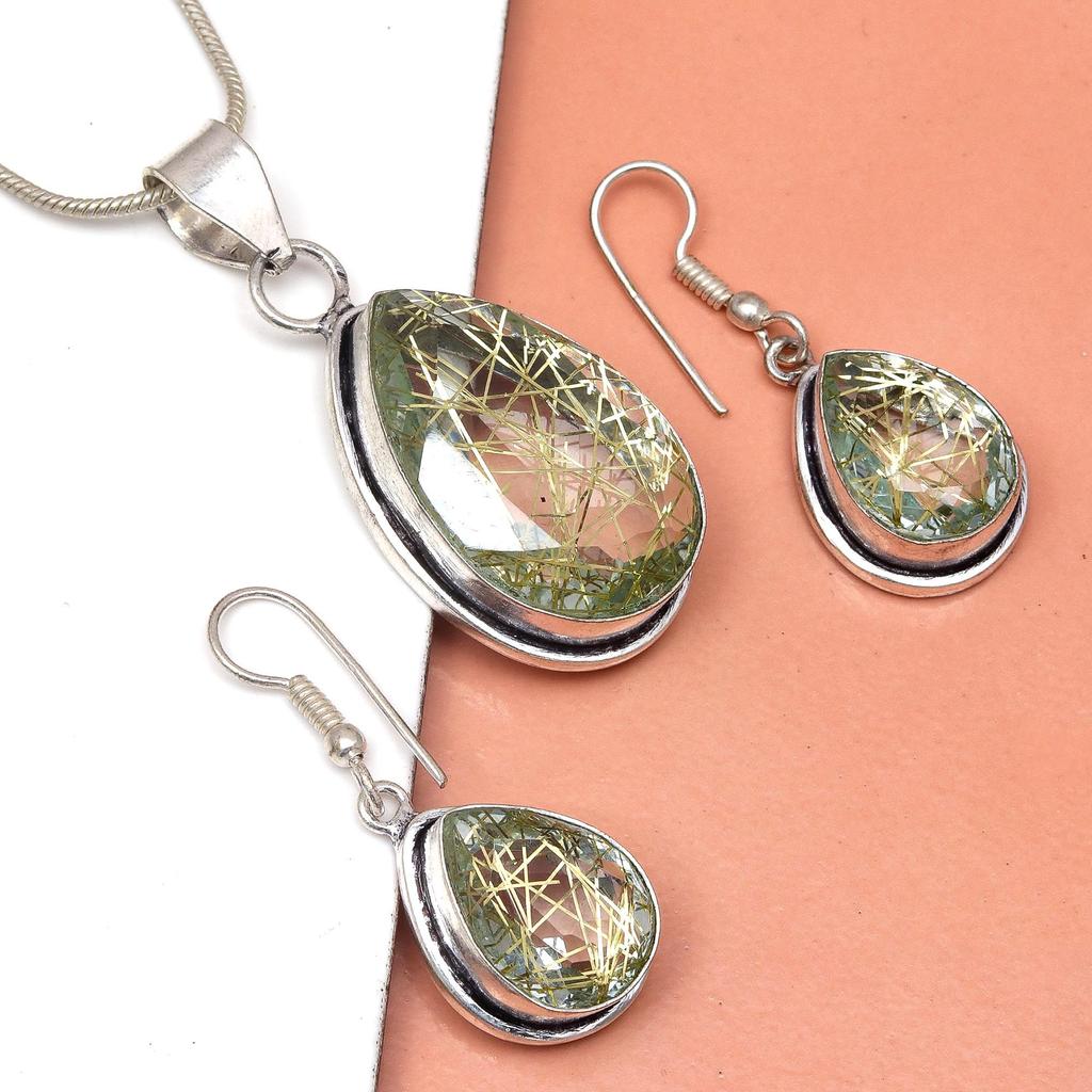 Rutile  Golden Set Earring Jewelry 18-20'' Pendant Quartz Sterling